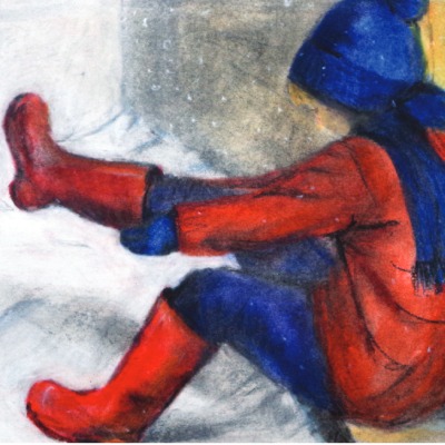 Child putting on wellies, snowy scene, warm house behind. Original pastel illustration.