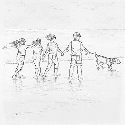 Original pencil illustration of family by the sea with their dog