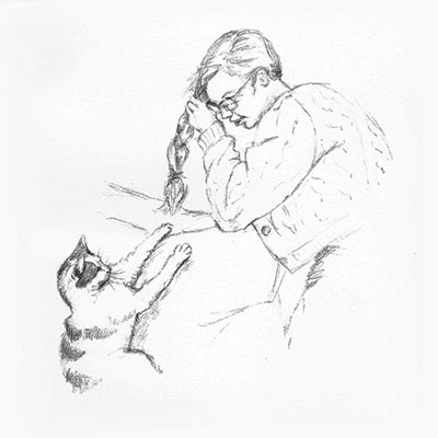 Original pencil drawing of a girl playing with her cat