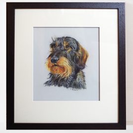 Original pastel portrait of Arthur the Dachshund with bespoke frame