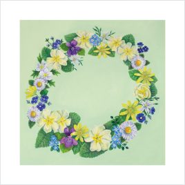 Blank card featuring pretty Devon wild flowers in a wreath design on a green background
