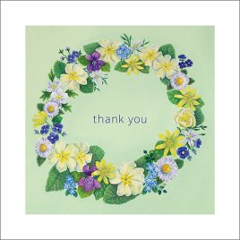 Thank you card featuring pretty Devon wild flowers in a wreath design on a green background.