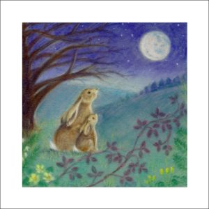 Blank gretings card featuring original pastel illustration of moongazing hares