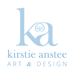 Kirstie Anstee Art and Design, pale blue text and monogram created from k and a ligature