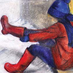 Illustration of a child putting on red wellies in the snow