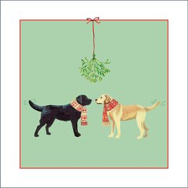 Front of original Christmas card design featuring a yellow labrador and a black labrador in Christmas scarves under the mistletoe. Green background.