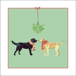 Front of original Christmas card design featuring a yellow labrador and a black labrador in Christmas scarves under the mistletoe. Green background.