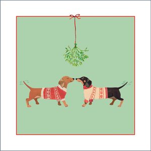 Front of original Christmas card design featuring two sausage dogs in Christmas jumpers under the mistletoe. Green background.
