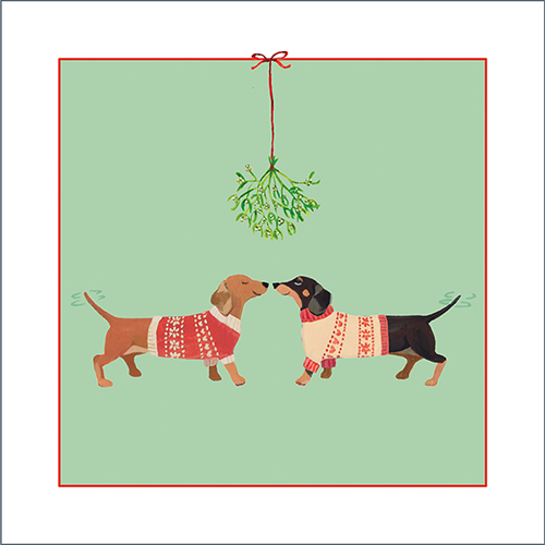 Front of original Christmas card design featuring two sausage dogs in Christmas jumpers under the mistletoe. Green background.