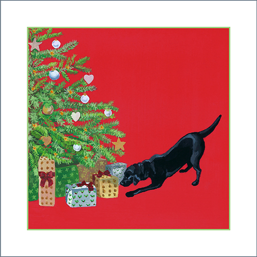 Front of original Christmas card design featuring a black labrador dog looking for her present under the Christmas tree. Red background.