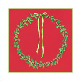 Front of original Christmas card design featuring a traditional holly wreath with a green ribbon on a red background