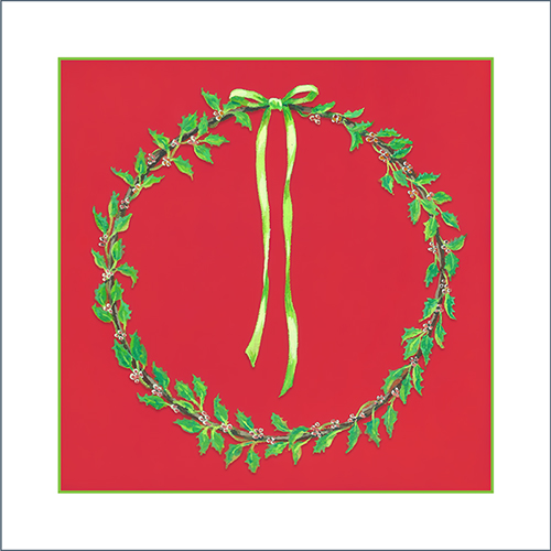 Holly Wreath Christmas Card Front of original Christmas card design featuring a traditional holly wreath with a green ribbon on a red background
